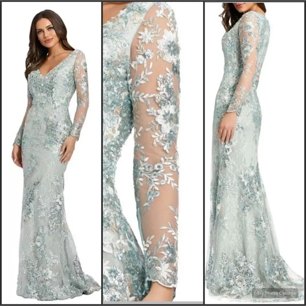 Mac Duggal 67539 Womens Embellished V Neck Long Sleeve Gown